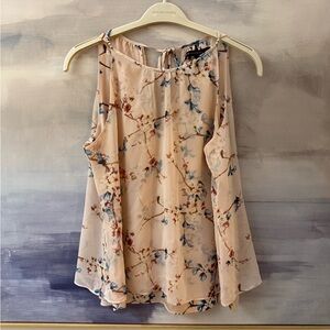 White House Black Market Floral Sleeveless Blouse Cream and Blue